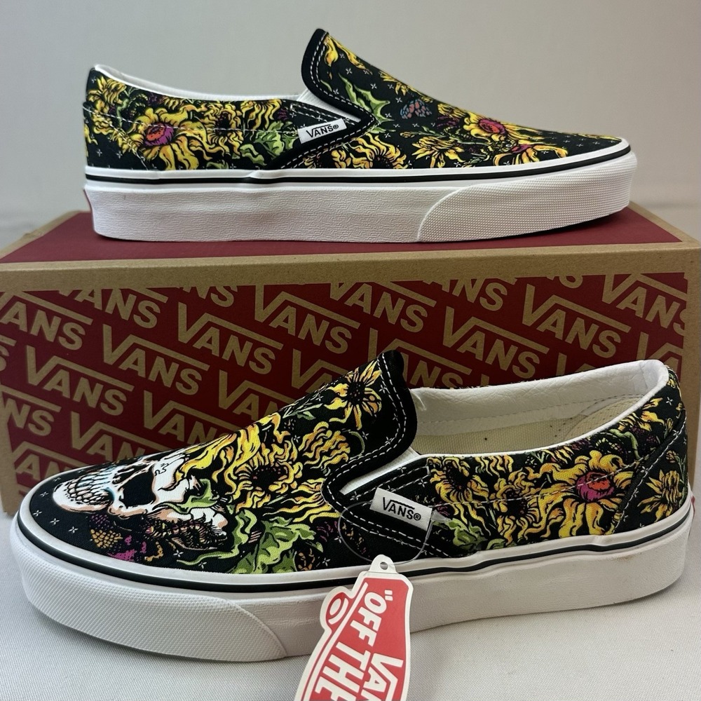 Vans Classic Slip-On Beauty Skull Flower Print Sneakers Women's Sz 5 Mens Sz 8.5